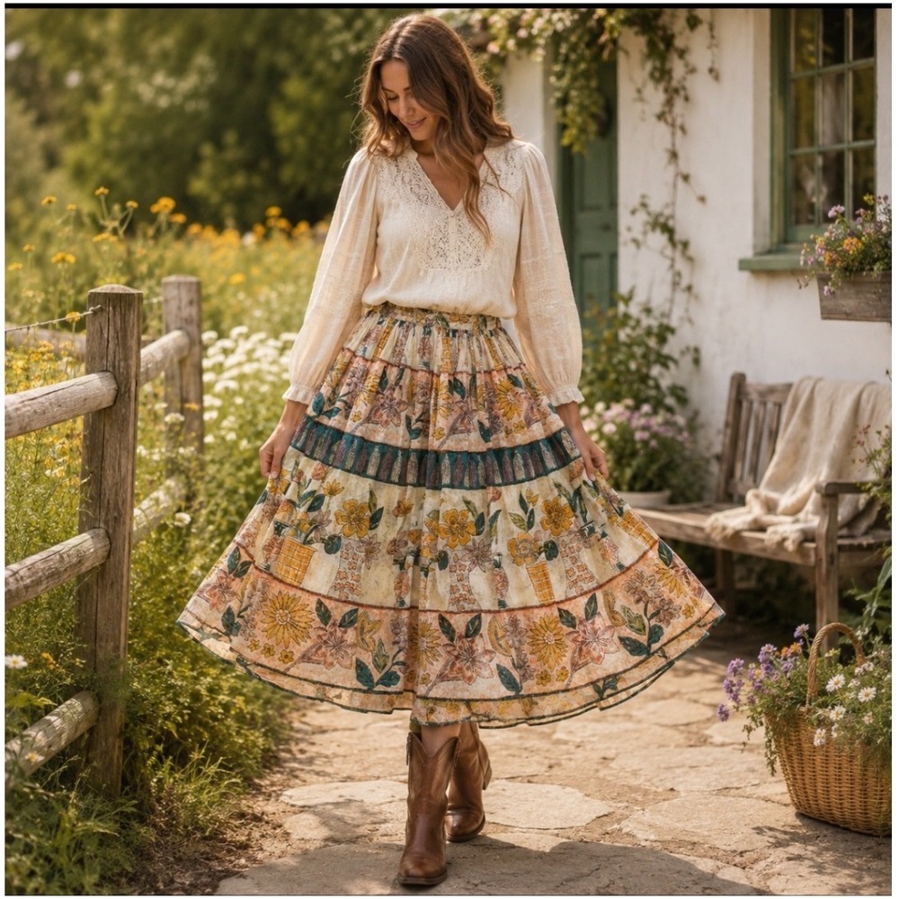 Phool Vintage Cotton Gauze Floral Block Print Midi Skirt Boho Cottagecore Small